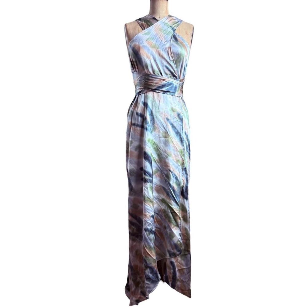 Y2K Blue and green tie dye silk satin wrap dress Size XS